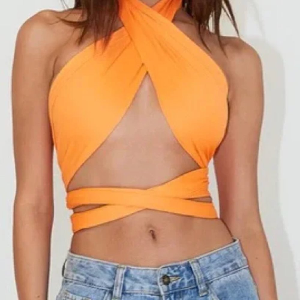 Brand New Princess Polly Midnight Wrap Top Orange Size 4